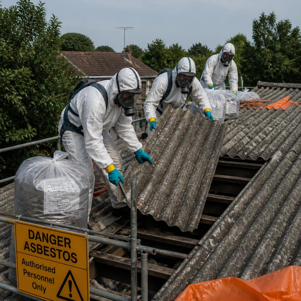 Werknemers in witte hazmat-pakken verwijderen asbestplaten van dak