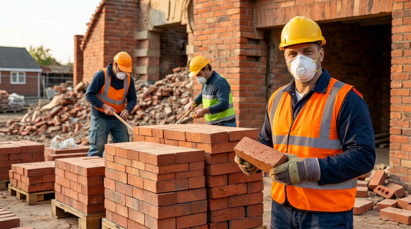Arbeiders reinigen en stapelen gerecupereerde bakstenen op paletten
