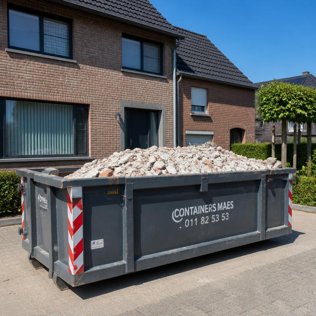 Gele afvalcontainer vol puin op straat in België