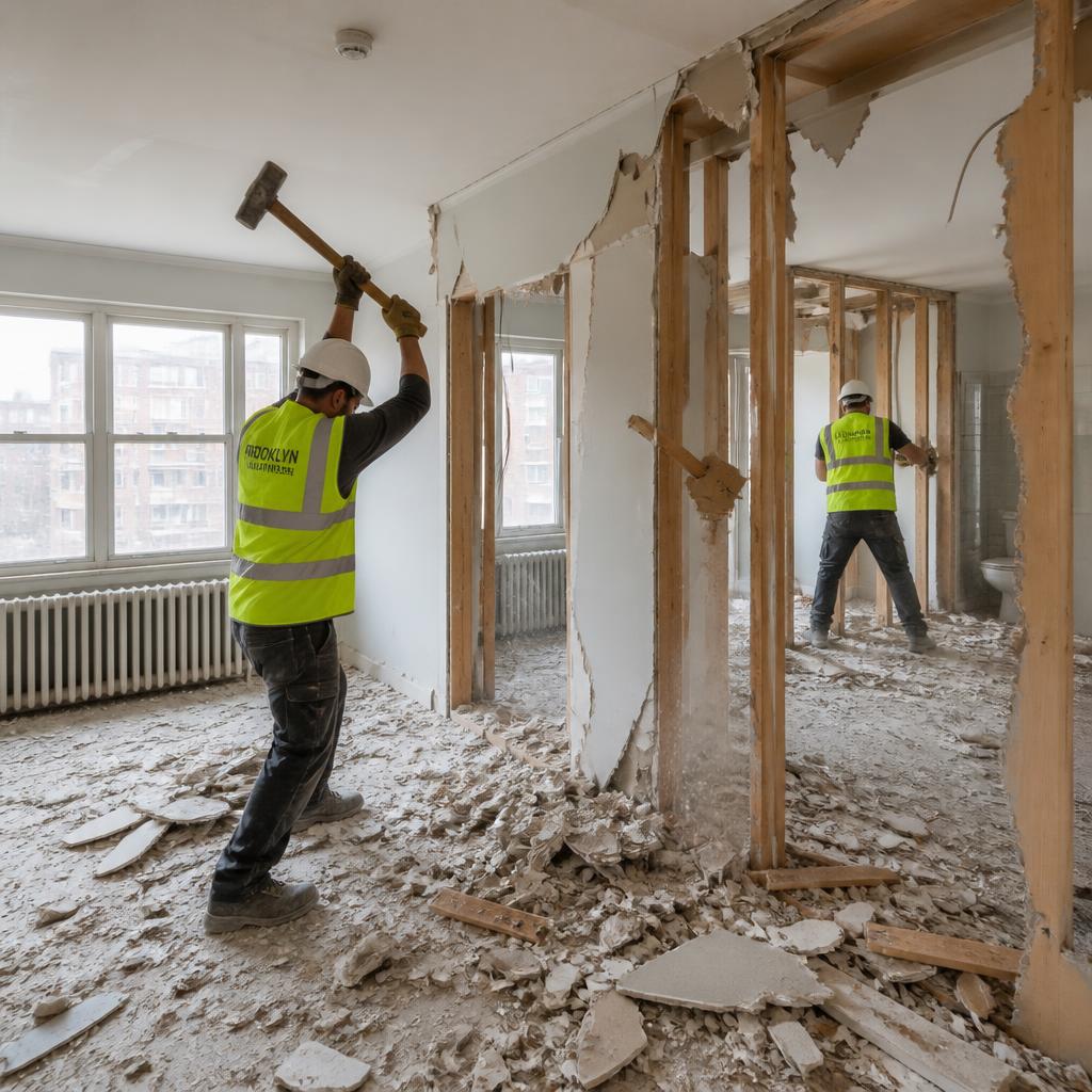 Arbeiders breken interieur van appartement uit met moker