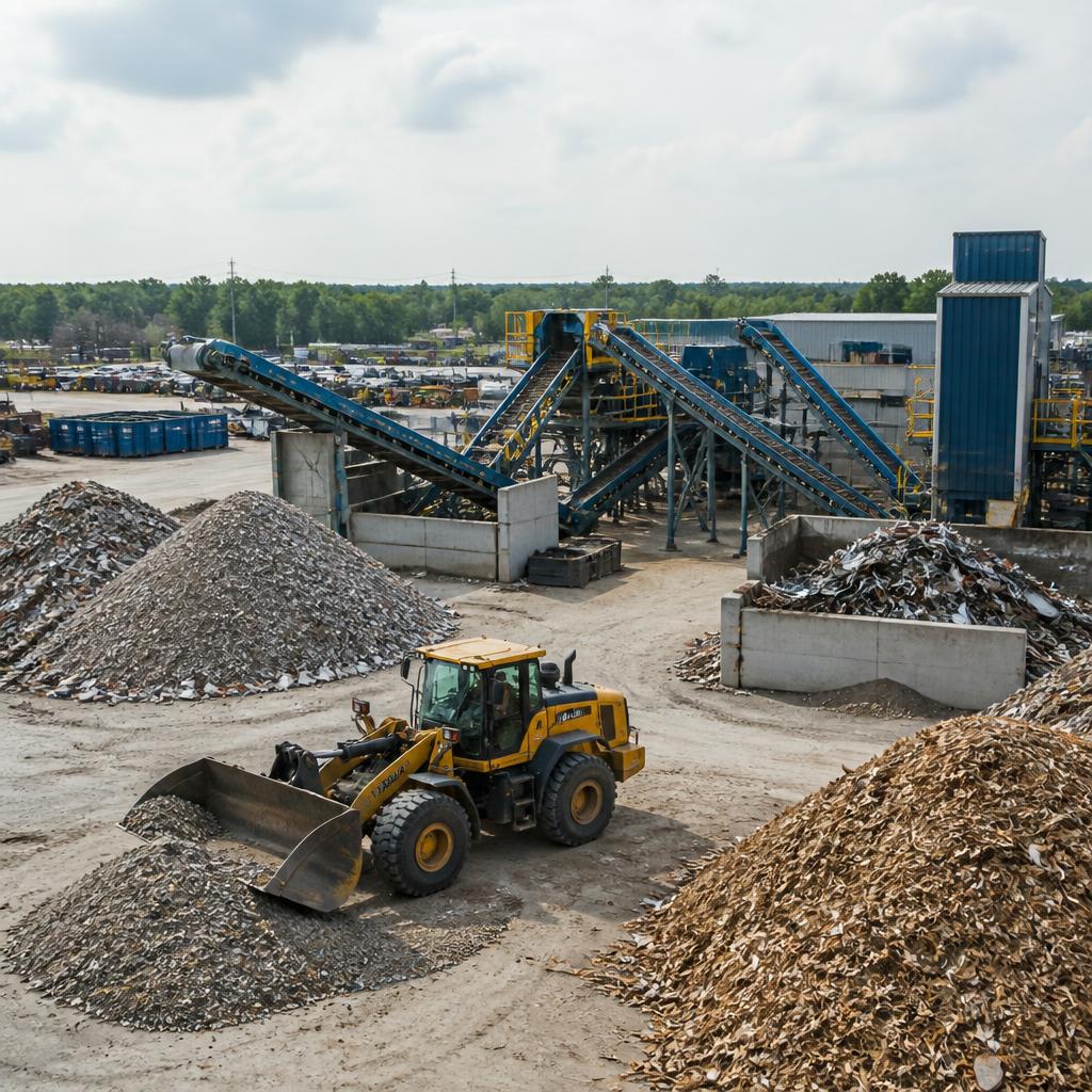 Belgisch recyclagecentrum met gesorteerde puinhopen