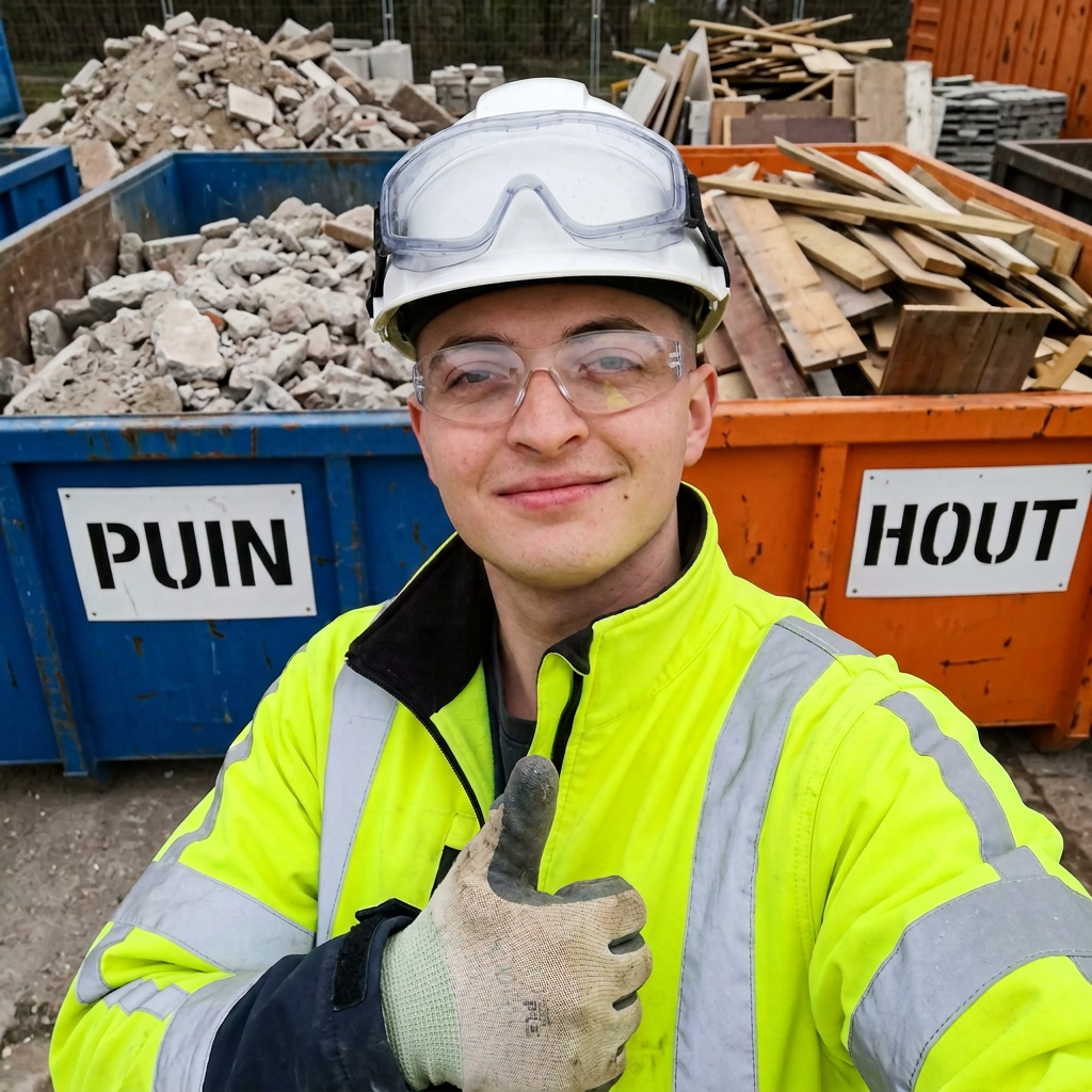 Team sorteert beton, hout en metaal op de werf